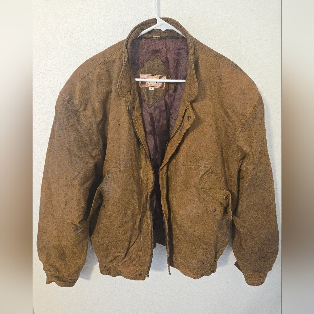 Vintage Bugle Boy Leather Bomber Jacket Mens Large Brown Naturally Distressed